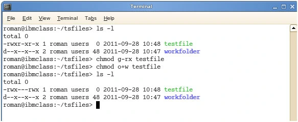 Terminal view of changing permissions for groups